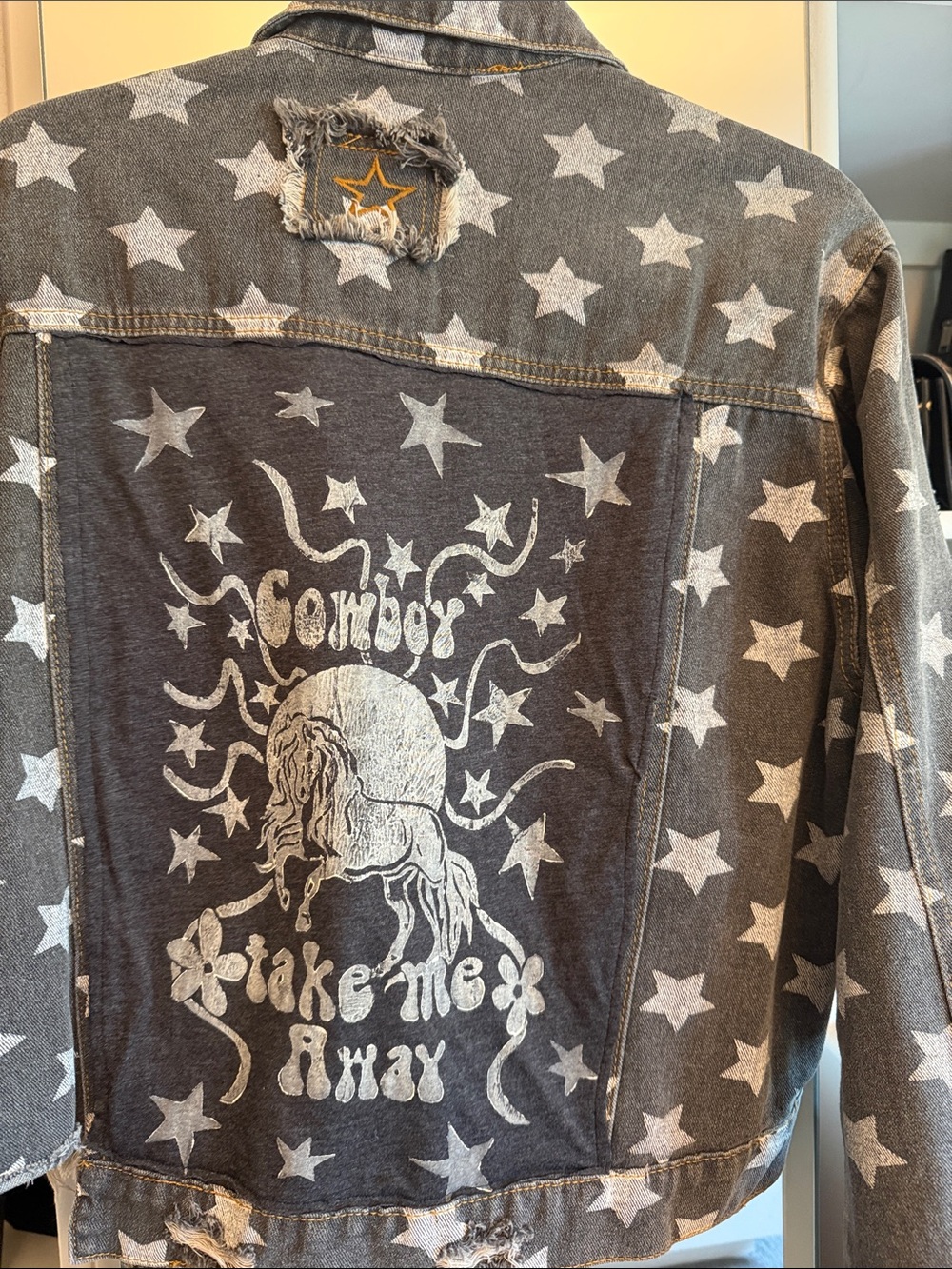 Custom Gray Denim Star Jacket -hand painted